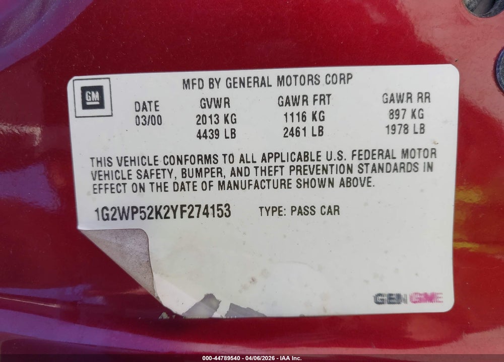 2000 PONTIAC GRAND PRIX GT VIN: 1G2WP52K2YF274153