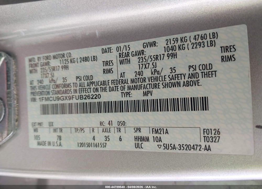 2015 FORD ESCAPE SE VIN: 1FMCU9GX9FUB26220