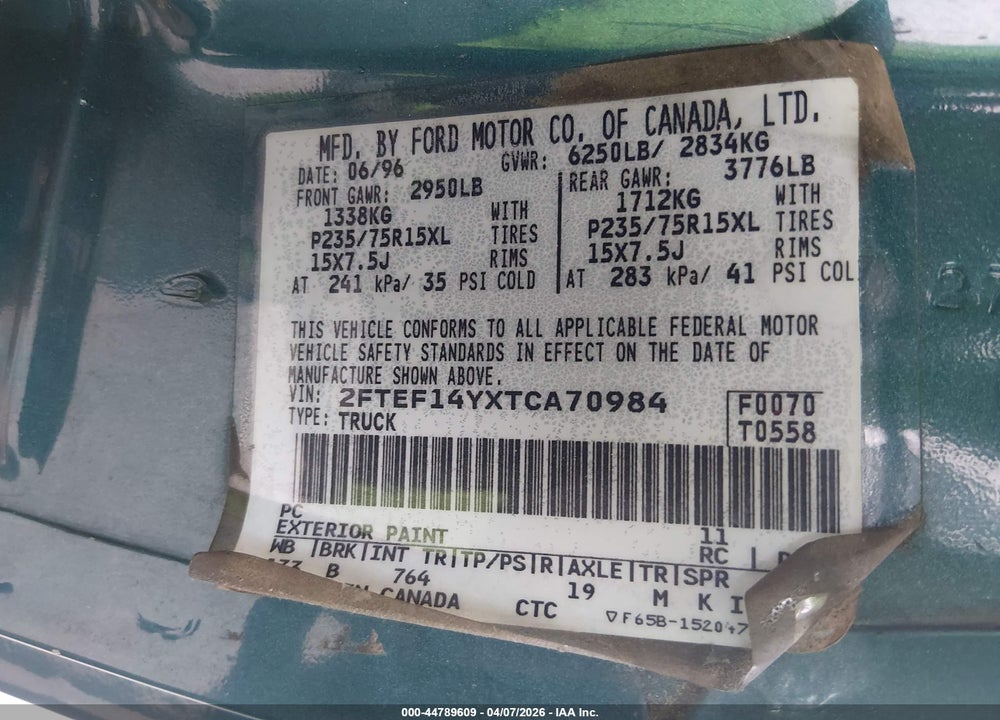 1996 FORD F150 VIN: 2FTEF14YXTCA70984