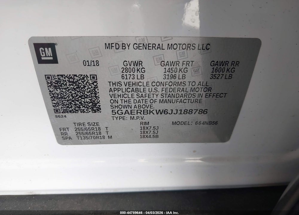 2018 BUICK ENCLAVE ESSENCE VIN: 5GAERBKW6JJ188786