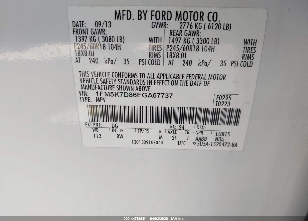 2014 FORD EXPLORER XLT VIN: 1FM5K7D86EGA67737
