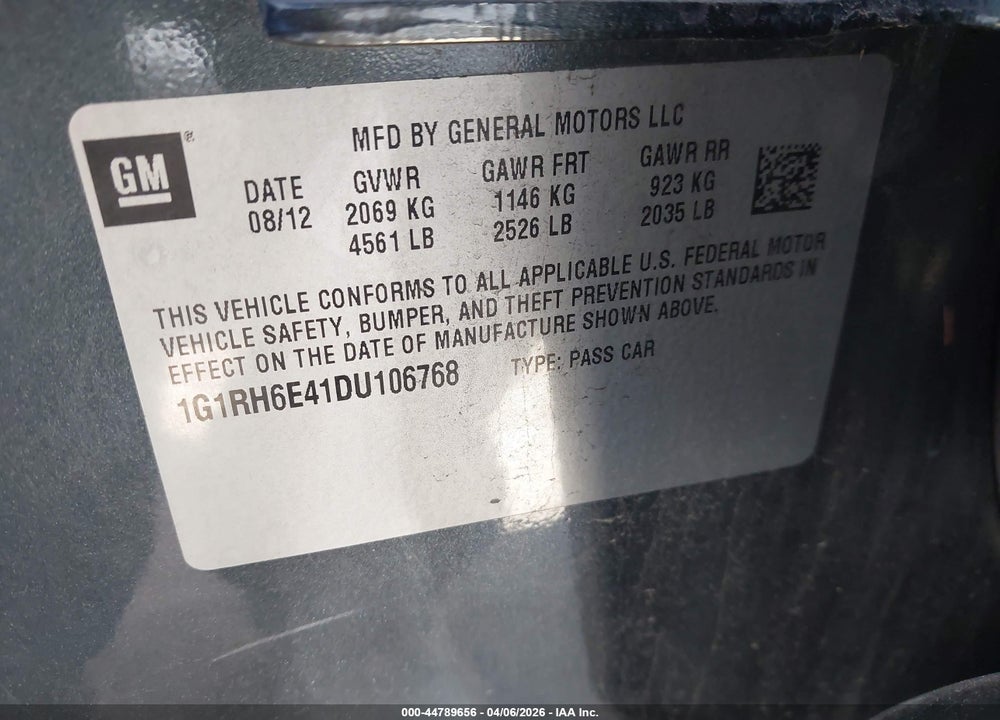 2013 CHEVROLET VOLT VIN: 1G1RH6E41DU106768