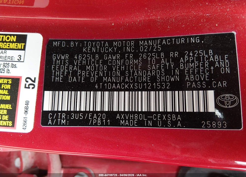 2025 TOYOTA CAMRY SE VIN: 4T1DAACKXSU121532
