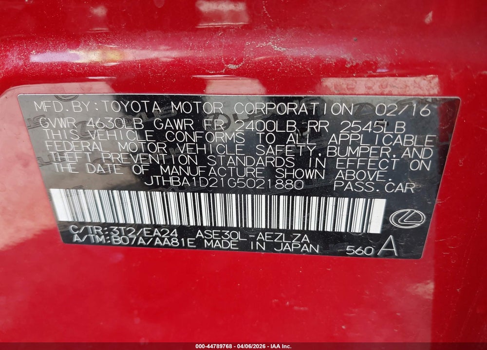 2016 LEXUS IS 200T VIN: JTHBA1D21G5021880