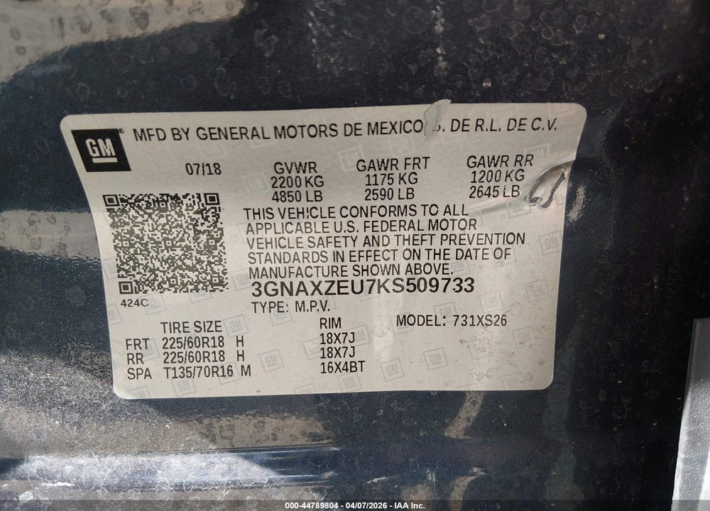 2019 CHEVROLET EQUINOX PREMIER VIN: 3GNAXZEU7KS509733