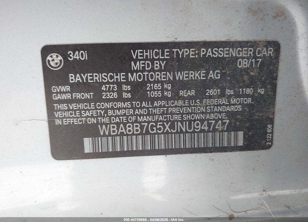 2018 BMW 340I XDRIVE VIN: WBA8B7G5XJNU94747