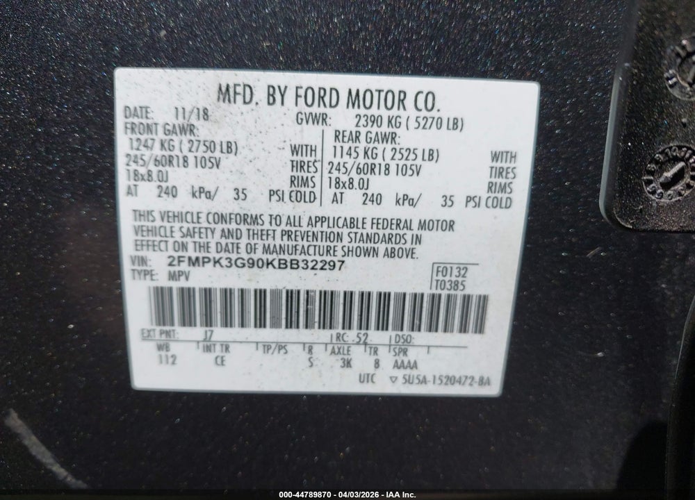 2019 FORD EDGE SE VIN: 2FMPK3G90KBB32297