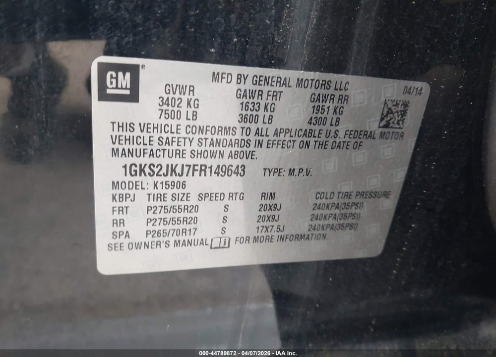 2015 GMC YUKON XL 1500 DENALI VIN: 1GKS2JKJ7FR149643