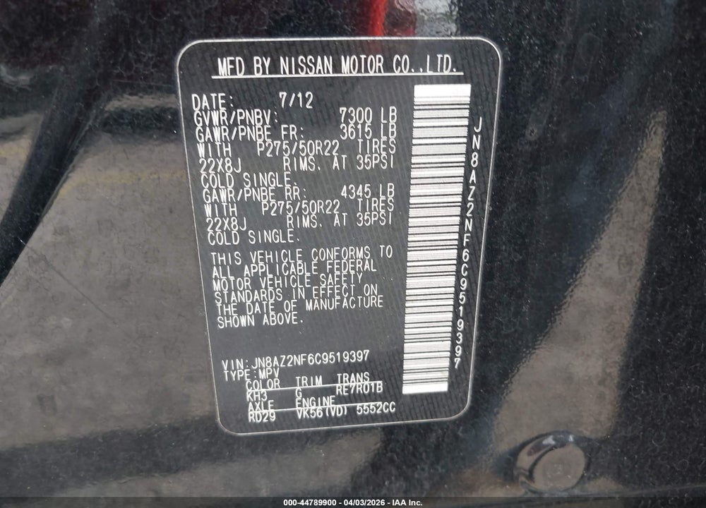 2012 INFINITI QX56 VIN: JN8AZ2NF6C9519397