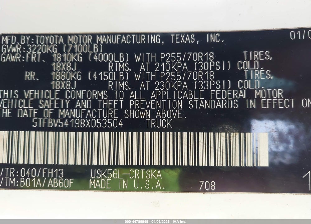 2008 TOYOTA TUNDRA BASE 5.7L V8 VIN: 5TFBV54198X053504
