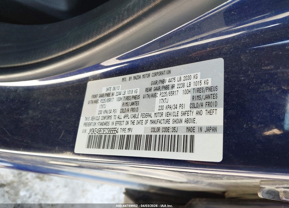 2014 MAZDA CX-5 SPORT VIN: JM3KE4BE0E0386654
