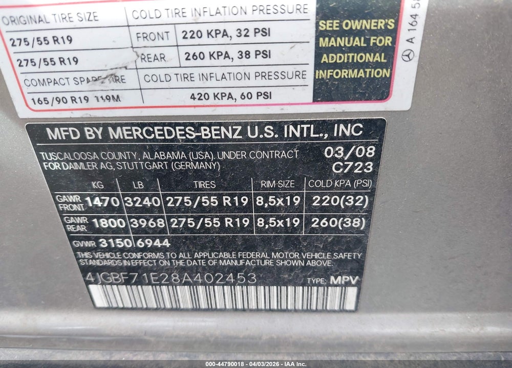 2008 MERCEDES-BENZ GL 450 4MATIC VIN: 4JGBF71E28A402453