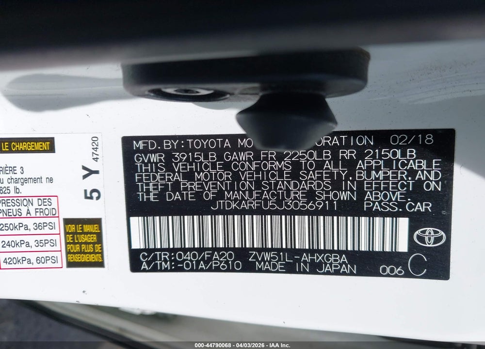 2018 TOYOTA PRIUS THREE VIN: JTDKARFU5J3056911