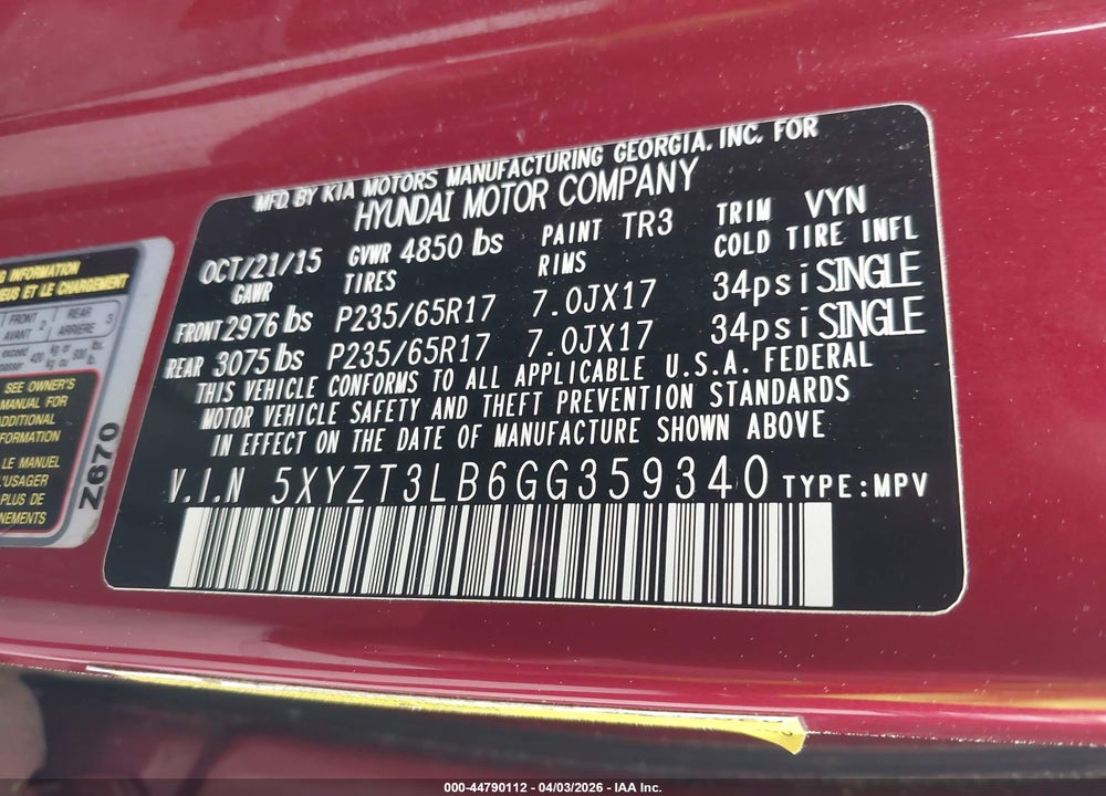 2016 HYUNDAI SANTA FE SPORT 2.4L VIN: 5XYZT3LB6GG359340