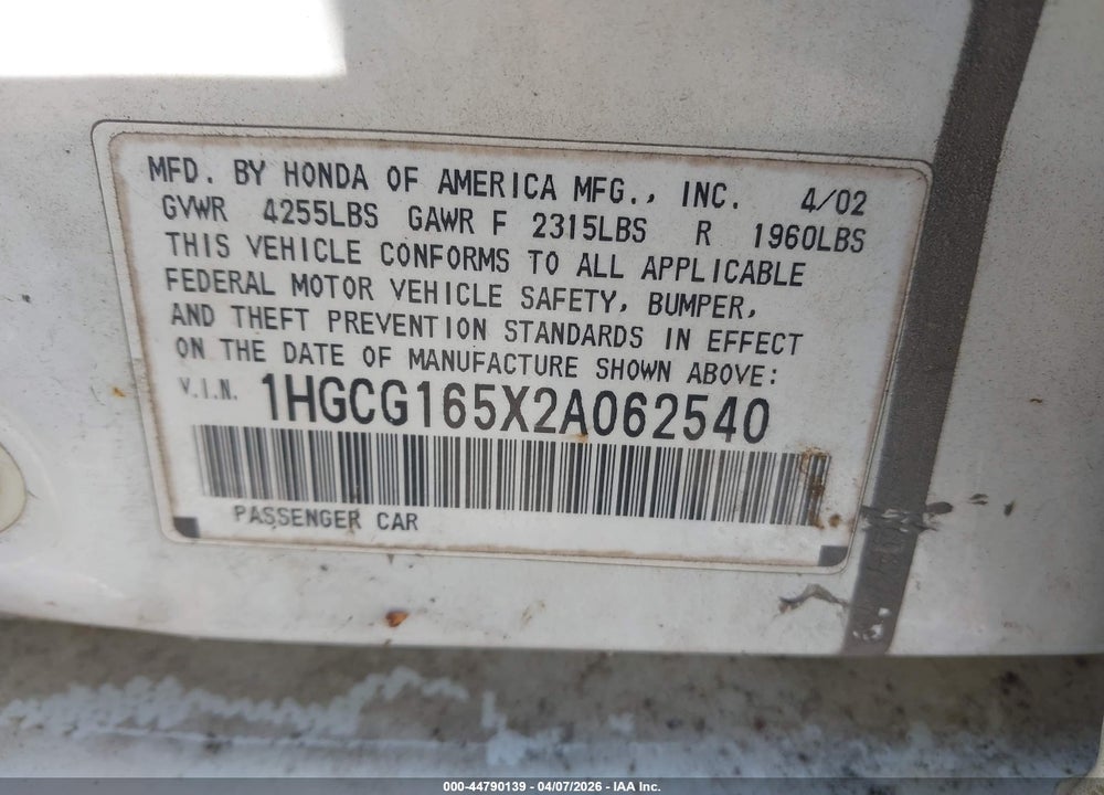 2002 HONDA ACCORD 3.0 EX VIN: 1HGCG165X2A062540