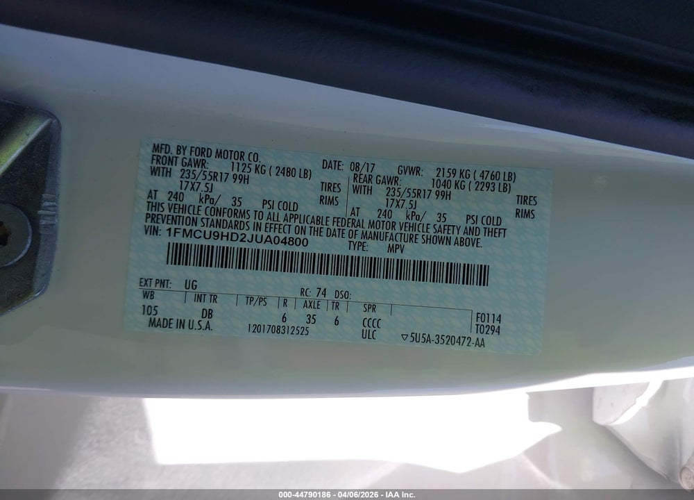 2018 FORD ESCAPE SEL VIN: 1FMCU9HD2JUA04800