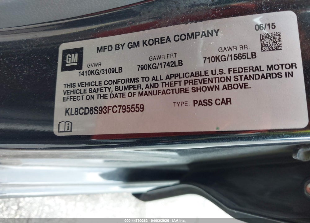 2015 CHEVROLET SPARK 1LT CVT VIN: KL8CD6S93FC795559