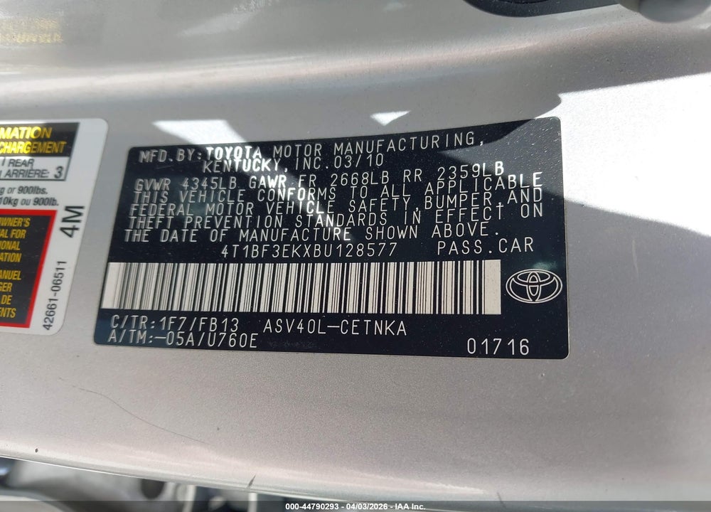 2011 TOYOTA CAMRY VIN: 4T1BF3EKXBU128577