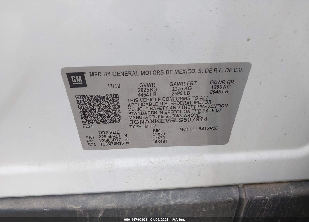 2020 CHEVROLET EQUINOX FWD LT 1.5L TURBO VIN: 3GNAXKEV5LS597814
