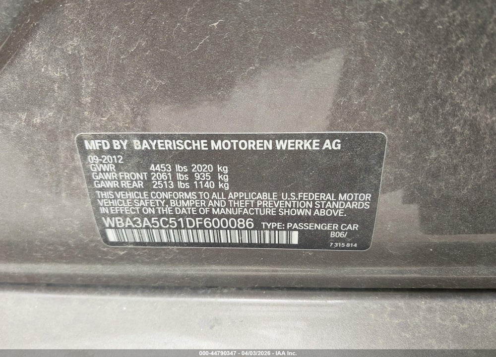 2013 BMW 328I VIN: WBA3A5C51DF600086