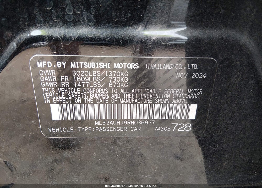 2024 MITSUBISHI MIRAGE ES/LE VIN: ML32AUHJ9RH036927