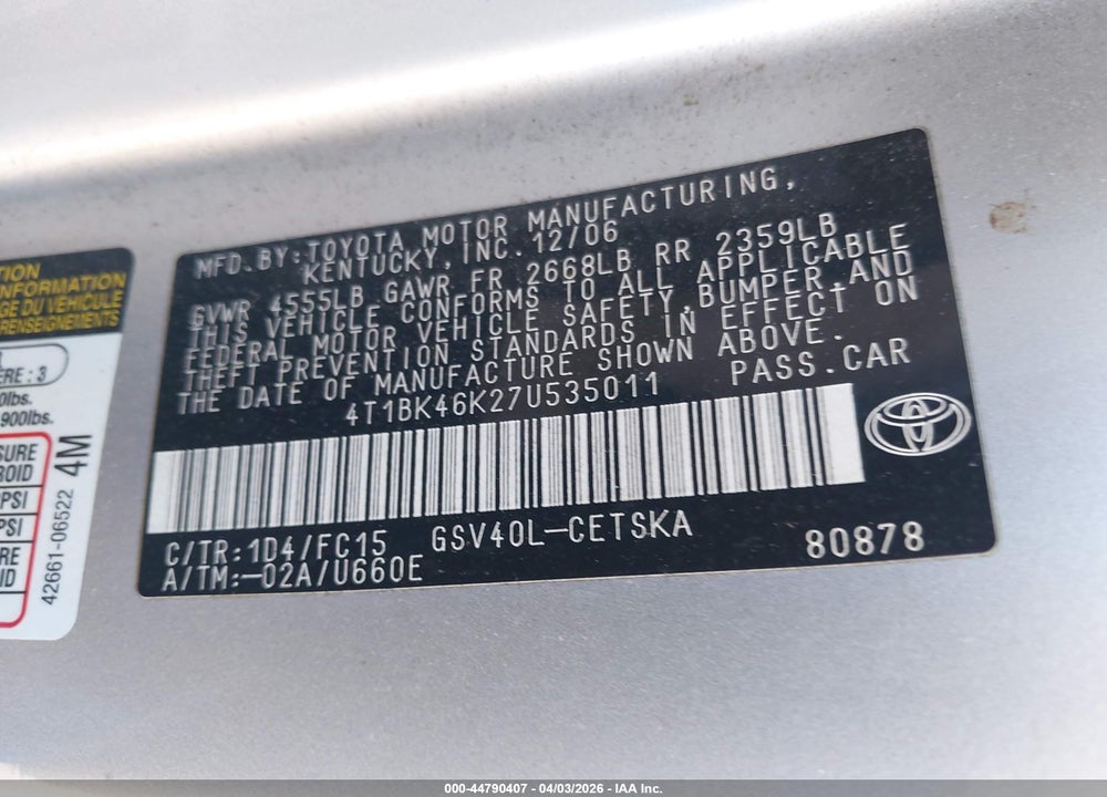 2007 TOYOTA CAMRY SE V6 VIN: 4T1BK46K27U535011