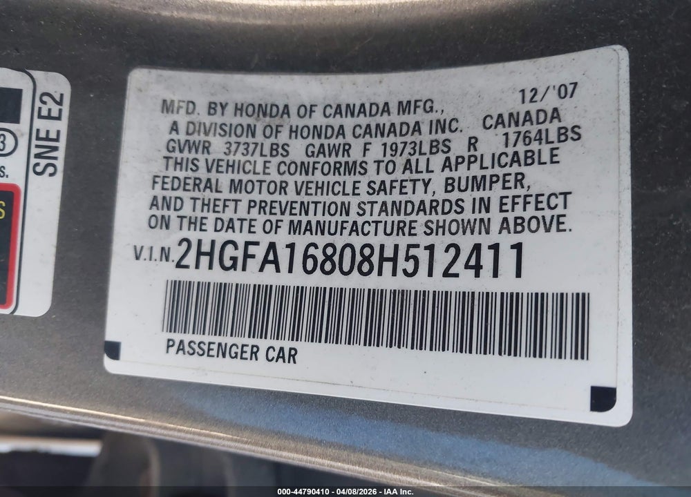 2008 HONDA CIVIC EX VIN: 2HGFA16808H512411