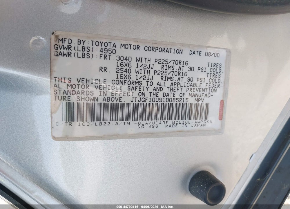 2001 LEXUS RX 300 VIN: JTJGF10U910085215