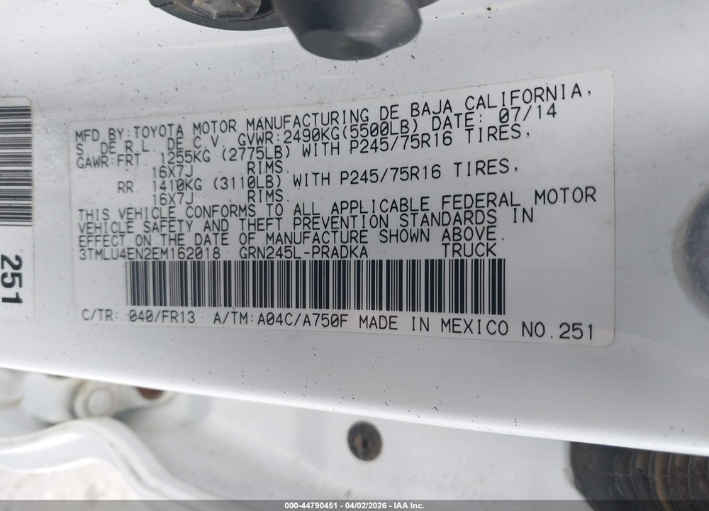 2014 TOYOTA TACOMA BASE V6 VIN: 3TMLU4EN2EM162018