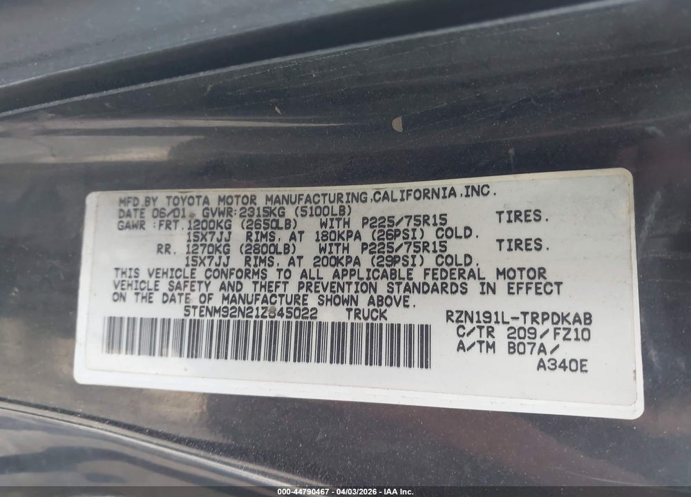 2001 TOYOTA TACOMA PRERUNNER VIN: 5TENM92N21Z845022