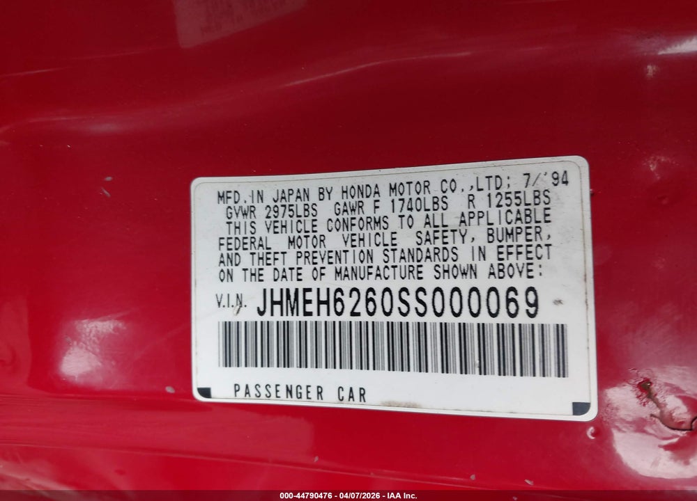 1995 HONDA CIVIC DEL SOL SI VIN: JHMEH6260SS000069