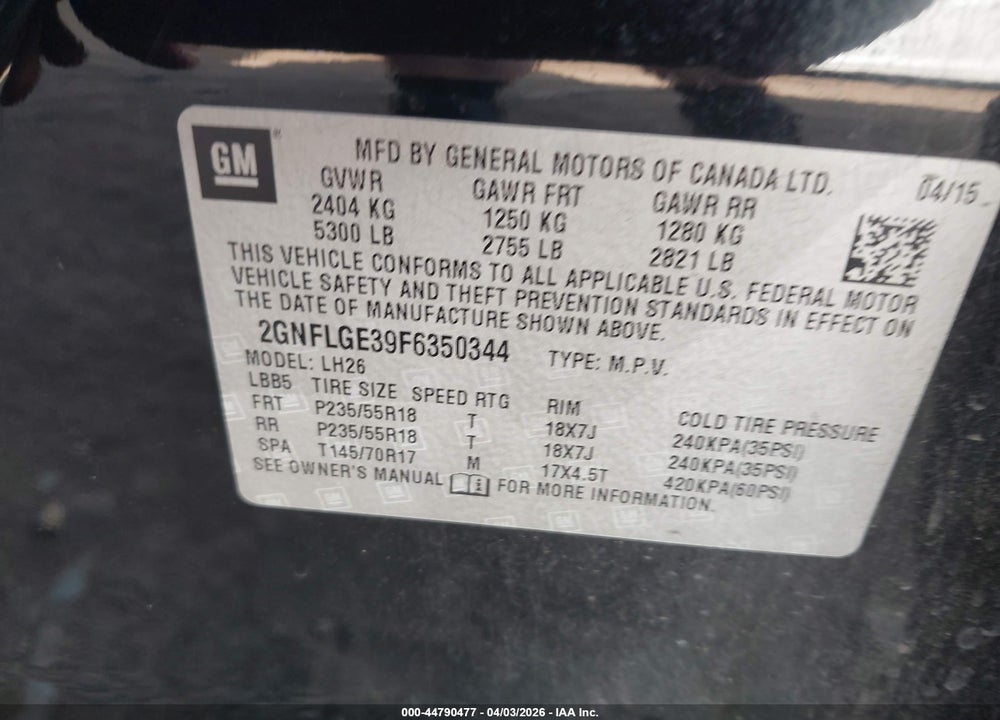 2015 CHEVROLET EQUINOX 2LT VIN: 2GNFLGE39F6350344