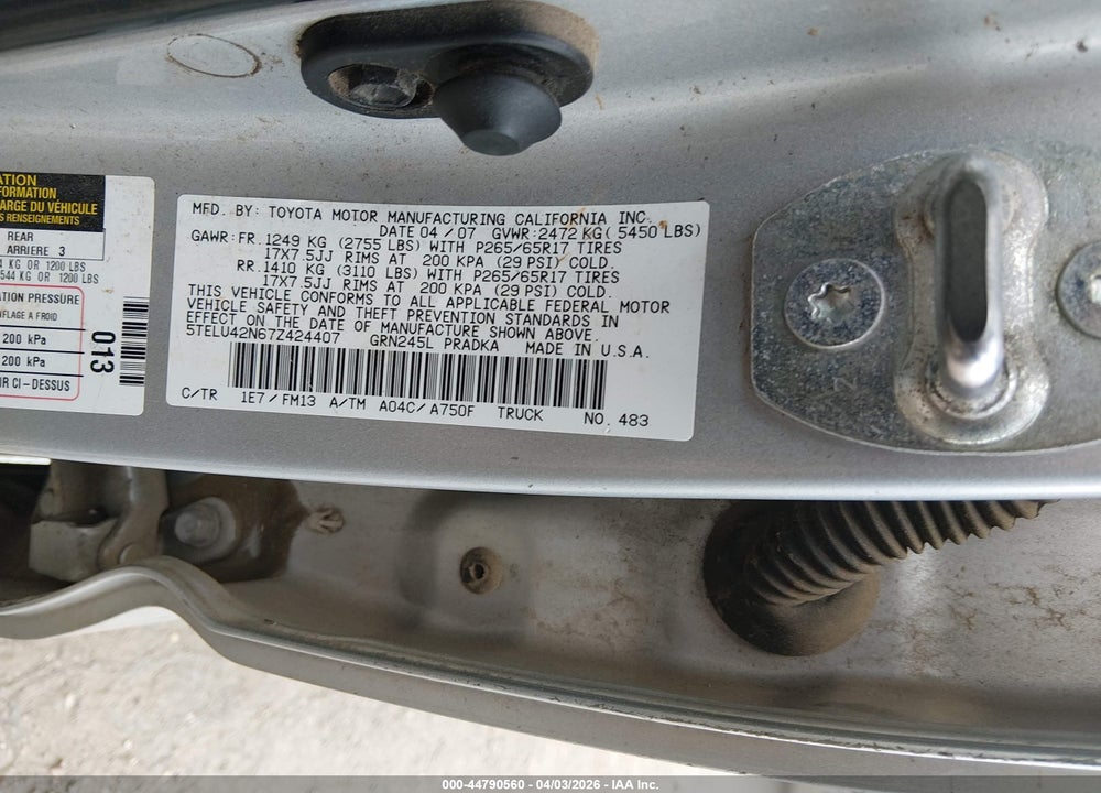 2007 TOYOTA TACOMA BASE V6 VIN: 5TELU42N67Z424407