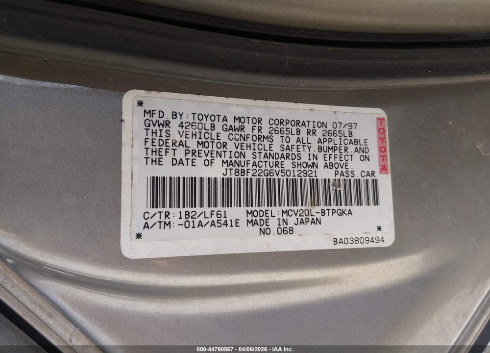 1997 LEXUS ES 300 VIN: JT8BF22G6V5012921