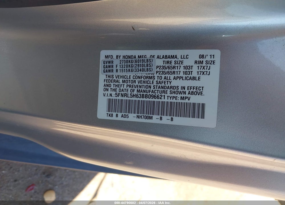 2011 HONDA ODYSSEY EX-L VIN: 5FNRL5H63BB096621
