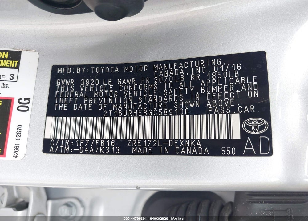 2016 TOYOTA COROLLA LE VIN: 2T1BURHE8GC589106