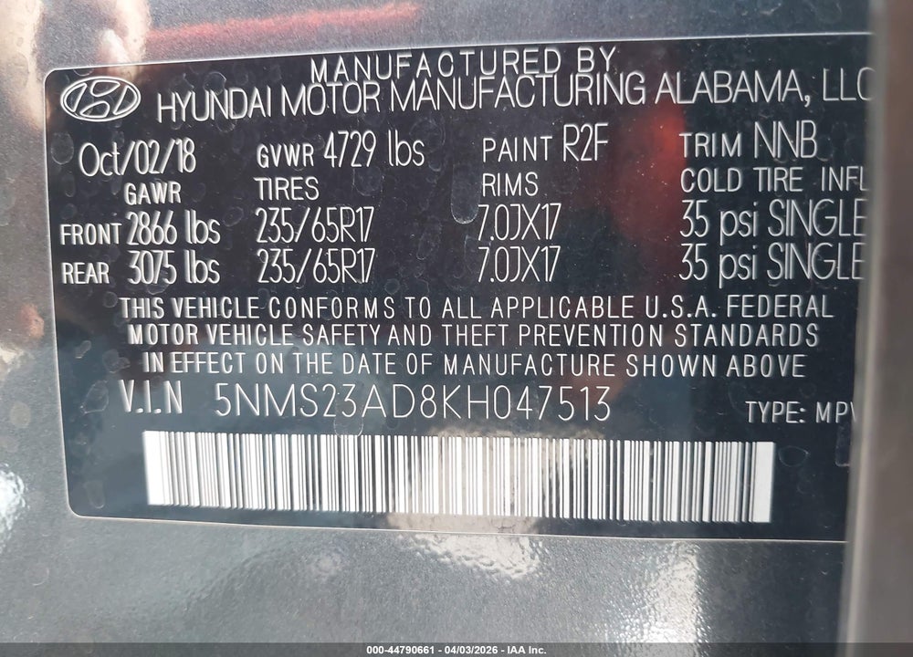 2019 HYUNDAI SANTA FE SE VIN: 5NMS23AD8KH047513