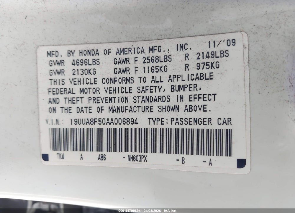 2010 ACURA TL 3.5 VIN: 19UUA8F50AA006894