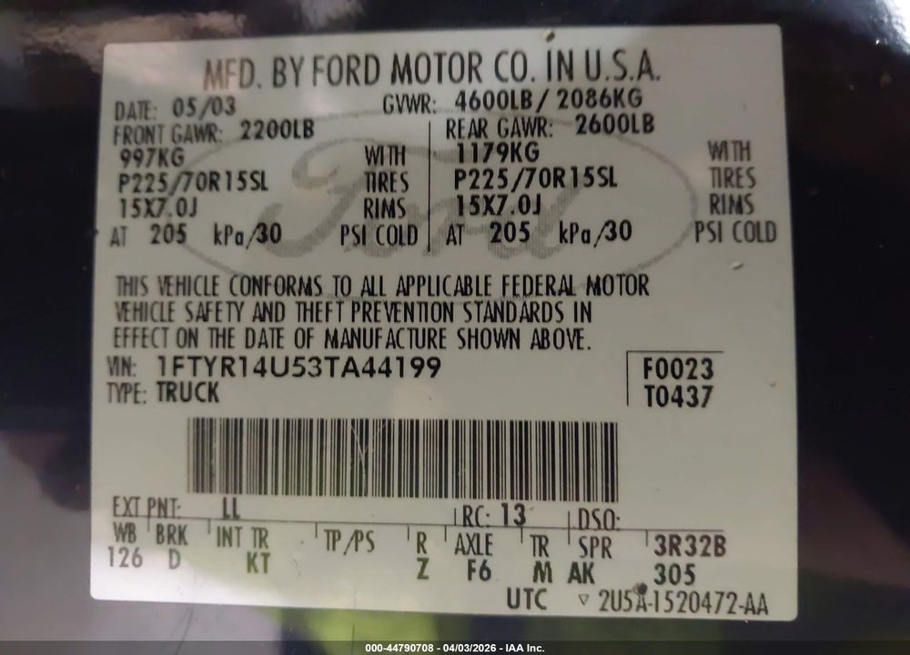 2003 FORD RANGER EDGE/TREMOR/XL/XLT VIN: 1FTYR14U53TA44199