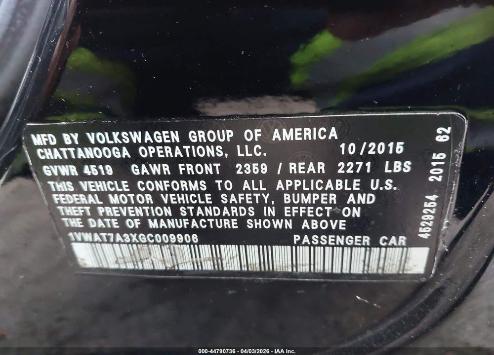 2016 VOLKSWAGEN PASSAT 1.8T S VIN: 1VWAT7A3XGC009906
