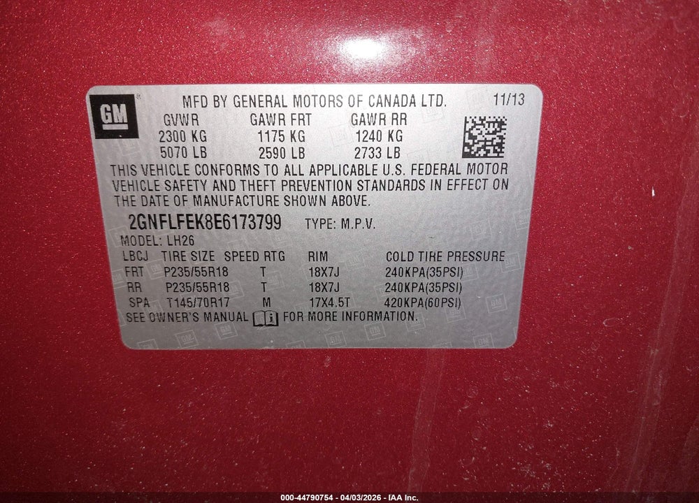 2014 CHEVROLET EQUINOX 1LT VIN: 2GNFLFEK8E6173799
