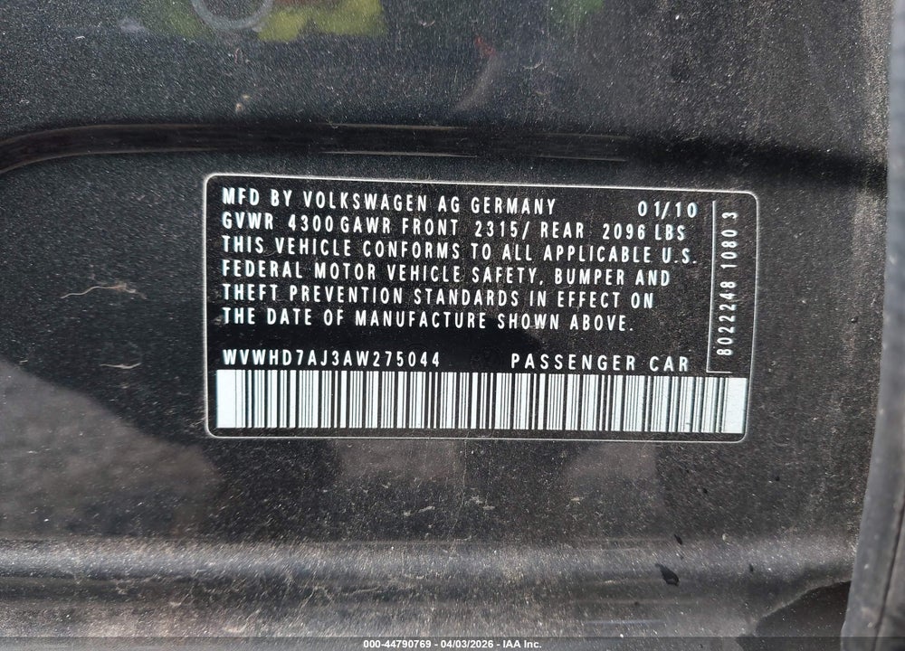 2010 VOLKSWAGEN GTI 4-DOOR VIN: WVWHD7AJ3AW275044