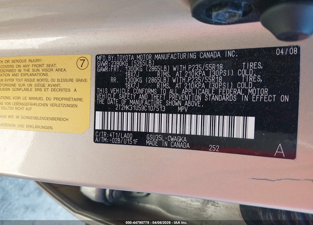 2009 LEXUS RX 350 VIN: 2T2HK31U59C107513