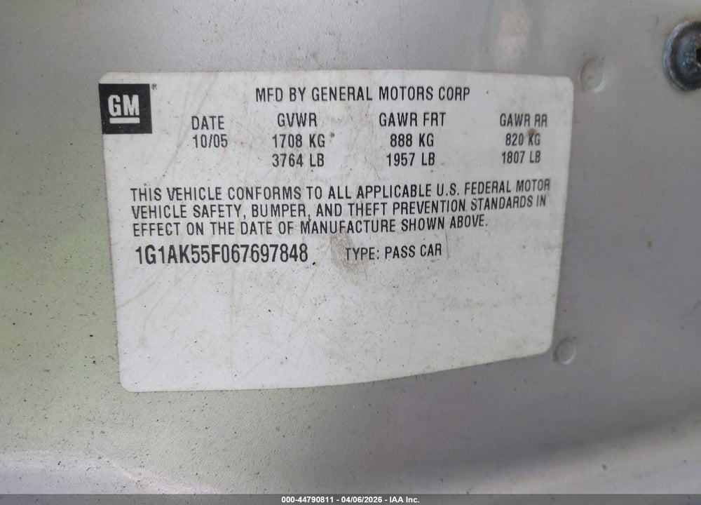2006 CHEVROLET COBALT LS VIN: 1G1AK55F067697848