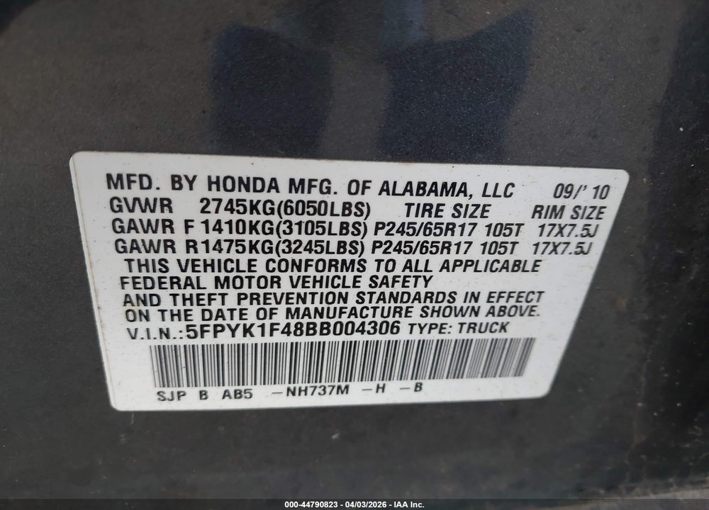 2011 HONDA RIDGELINE RTS VIN: 5FPYK1F48BB004306