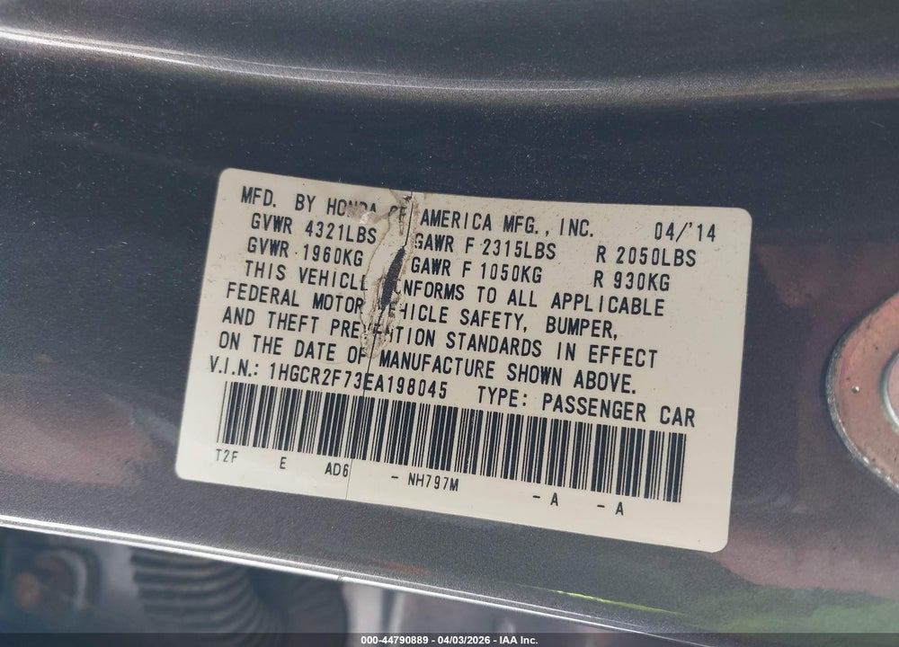 2014 HONDA ACCORD EX VIN: 1HGCR2F73EA198045