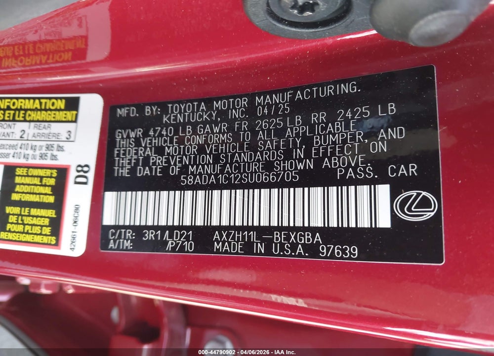 2025 LEXUS ES 300H VIN: 58ADA1C12SU066705