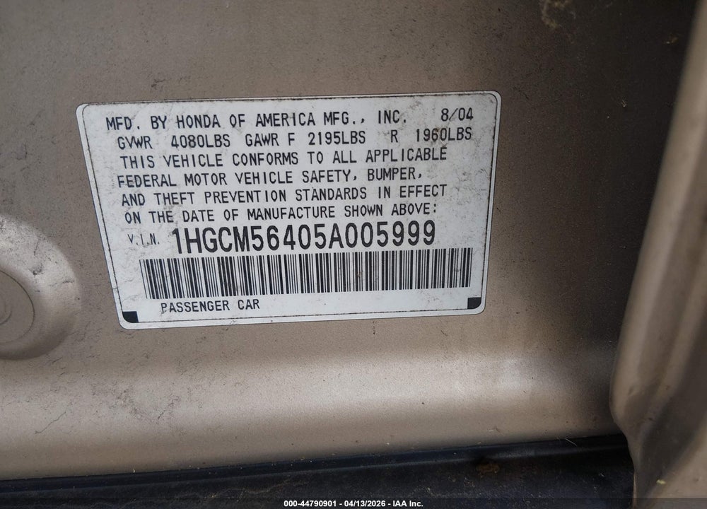 2005 HONDA ACCORD LX VIN: 1HGCM56405A005999