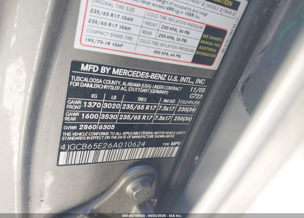 2006 MERCEDES-BENZ R 350 4MATIC VIN: 4JGCB65E26A010624