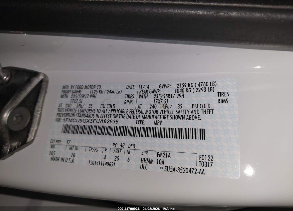 2015 FORD ESCAPE SE VIN: 1FMCU9GX3FUA82635